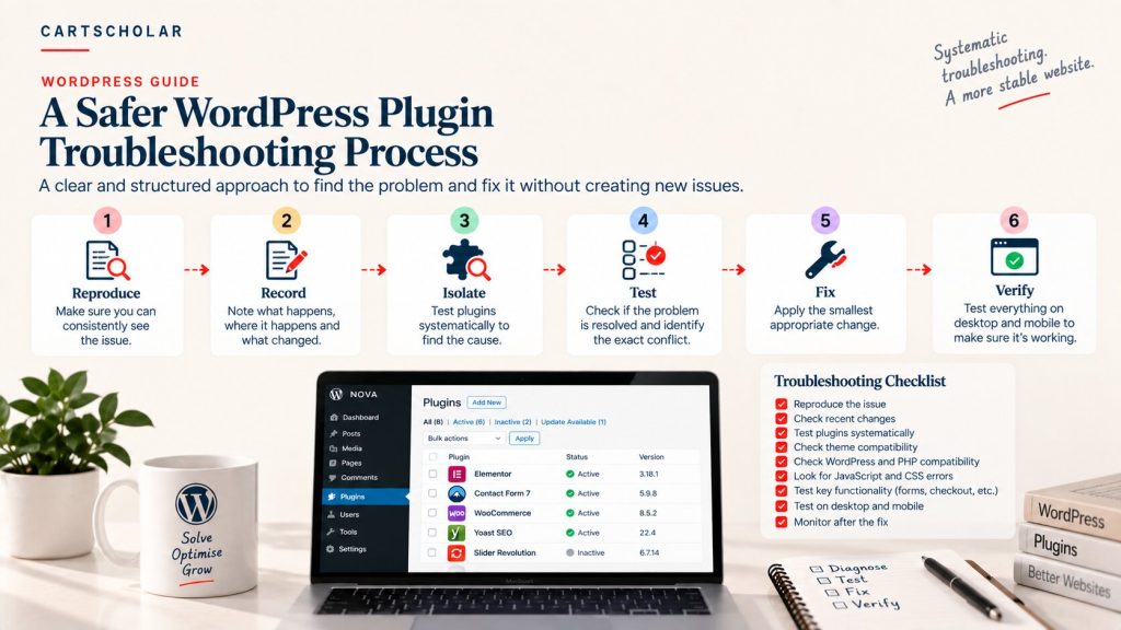 WordPress plugin conflict troubleshooting process from diagnosis to verification