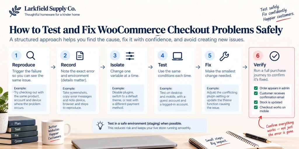 Step-by-step WooCommerce checkout troubleshooting workflow from reproduce to verify
