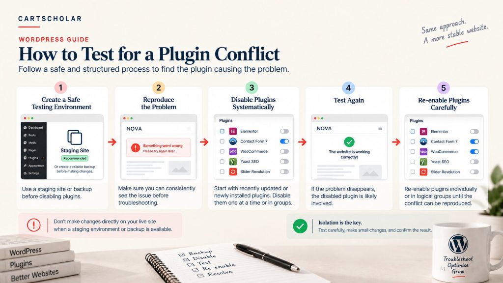 WordPress plugin conflict troubleshooting and isolation process