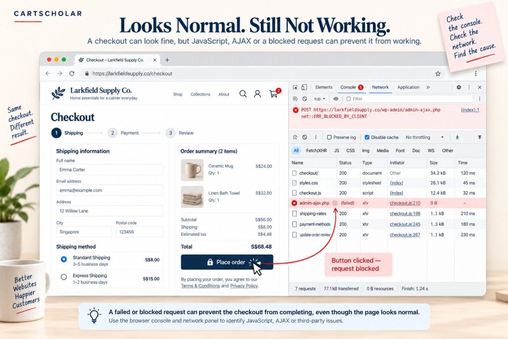 Browser developer tools showing a failed request on a WooCommerce checkout