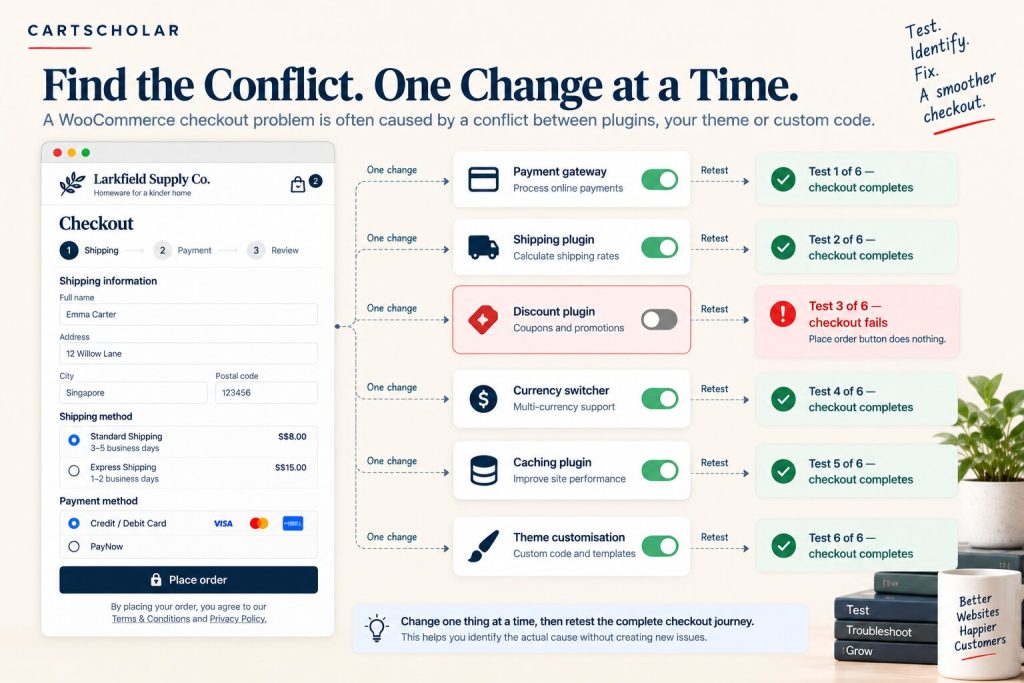 WooCommerce conflict isolation, testing checkout components one variable at a time