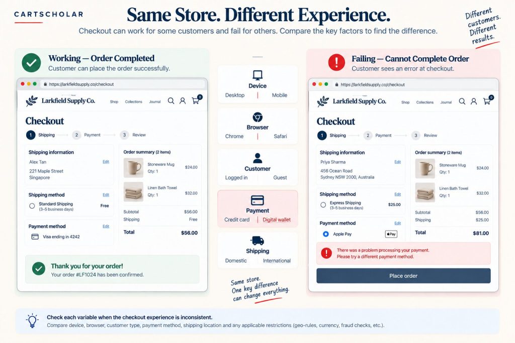 Side-by-side comparison of a working and failing WooCommerce checkout
