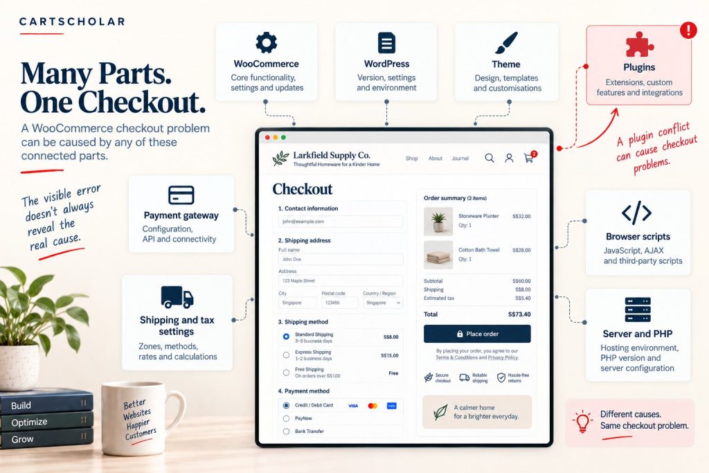WooCommerce checkout connected to WooCommerce, theme, plugins, payment gateway, shipping, tax, JavaScript and server